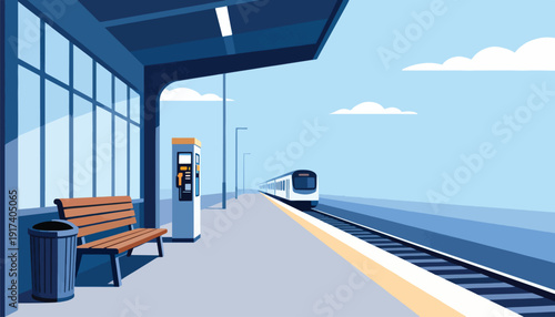 A modern train station platform with a waiting bench, trash can, and ticket machine