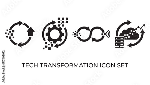 Tech transformation icon set symbolizing digital evolution and process improvement