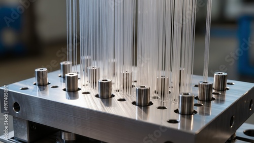 Close-up of metal spinneret with multiple precision holes extruding transparent polymer filaments, illustrating synthetic fiber manufacturing process