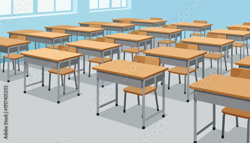Empty classroom with wooden desks and chairs, bathed in light