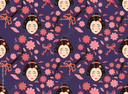 Seamless floral pattern with Japanese geisha and pink sakura for International Women's Day. Background with cherry blossom and ribbons on purple, perfect for March 8 gift wrapping and holiday decor.