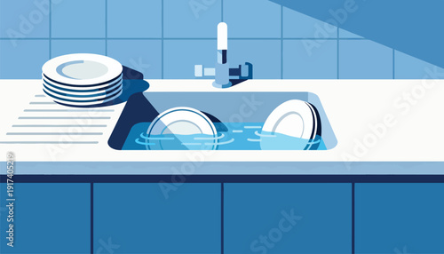 Stacked plates drying beside a sink filled with soapy water