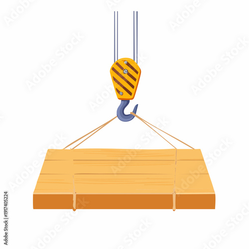 Icon of slab hanged on crane hook by rope slings