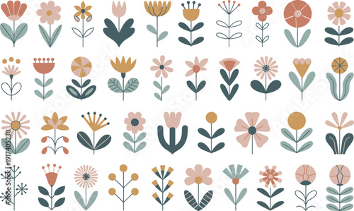 Beautiful collection of charming stylized folk art flowers in a modern Scandinavian design. Perfect for spring and summer designs.