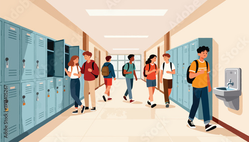 Students walking through a school hallway lined with blue lockers, some open