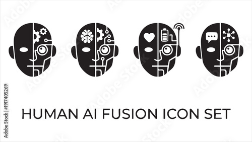 Set of four human ai fusion icons displaying half human half circuit board faces with integrated brain and tech elements