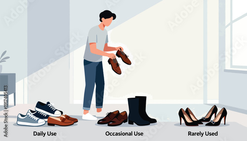 A person sorts shoes into categories daily, occasional, and rarely used