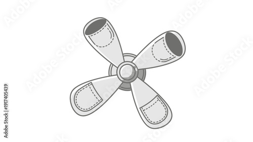 Grayscale drawing of a fourbladed ceiling fan with stylized pocketlike ends on the blades