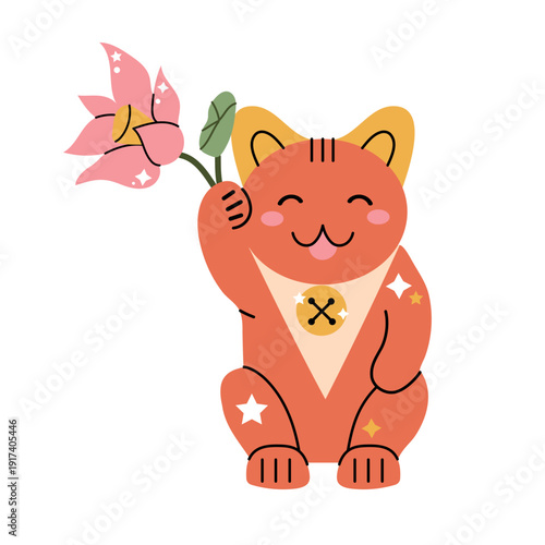 Kawaii Japanese fortune cat vector illustration for March 8 greeting card, woman gift or business success symbol in flat style.