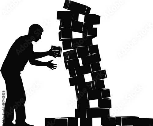 A human figure carefully stacking uneven blocks to form a tower, representing a beginner learning to build, a clean white background