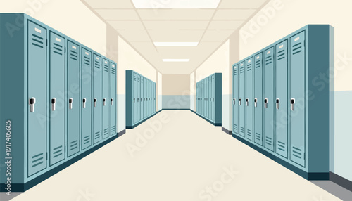 Hallway lined with rows of identical teal lockers under fluorescent lights