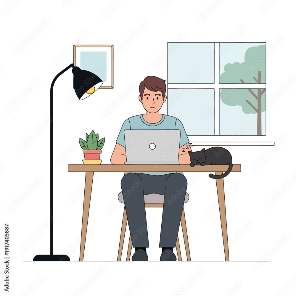 Obraz premium Man working on laptop at home with cat sleeping on desk, cozy home office