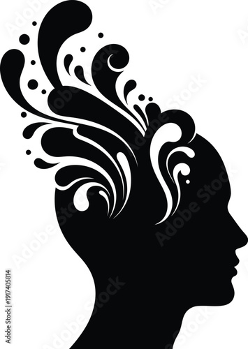 An abstract pure black silhouette depicting a human head (profile view) with various fluid, organic, or geometric shapes "percolating" or flowing upwards and outwards from the top of the head, against