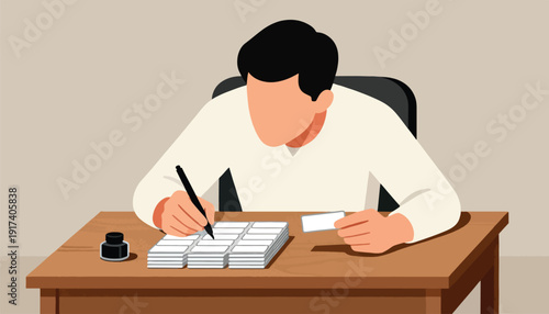 Person writing on blank cards at a desk with inkwell and pen