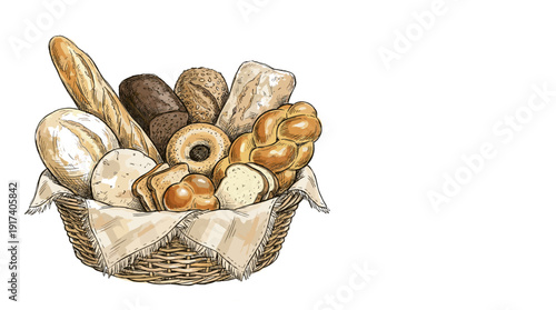 Various freshly baked bread and pastries in a rustic woven basket, no background. Homemade bread concept. Drawing illustration for bakery shop.