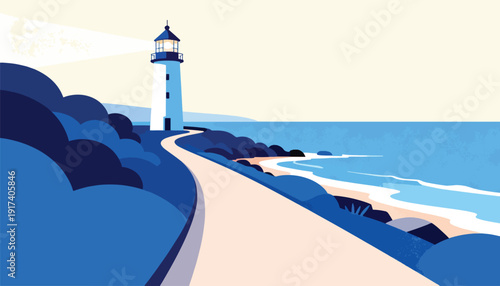 A lighthouse stands tall on a coastal path overlooking the ocean