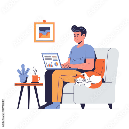 Man working on laptop on sofa with cat, home office, remote work, cozy atmosphere