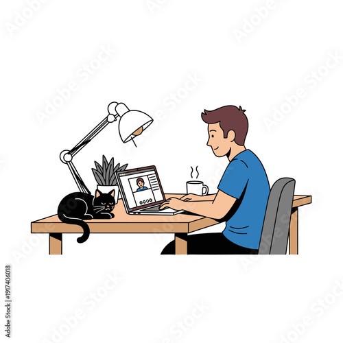 Man working on laptop at desk with cat and plant, remote work concept