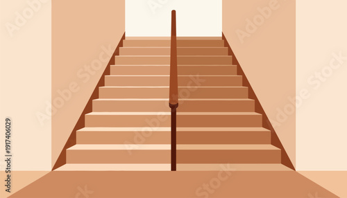 Geometric monochrome stairs ascend into a bright, empty space with a central handrail