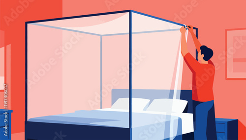 Man sets up canopy bed net in a room with minimalist decor