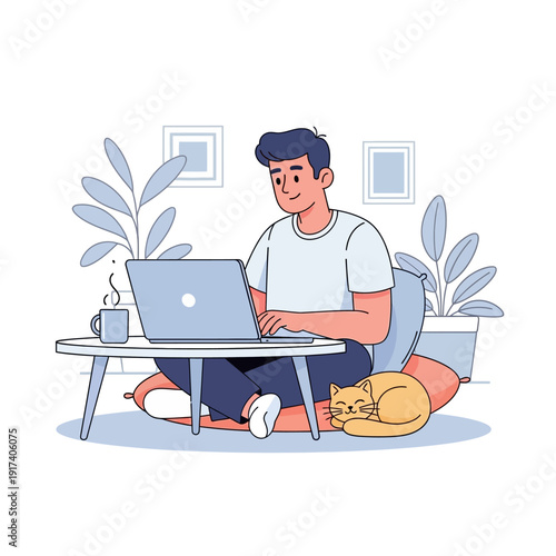 Man working on laptop at home with cat sleeping nearby, cozy workspace