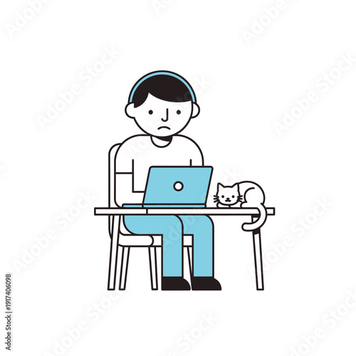 Sad man working on laptop with cat on desk