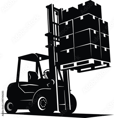 A pure black silhouette of an industrial scene featuring a forklift or a simplified human figure operating a hand-stacker, clearly engaged in lifting or stacking boxes/materials. Focus on clear mechan