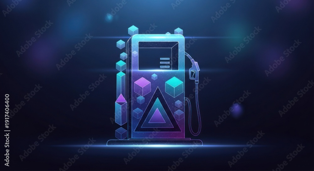 Naklejka premium Digital rendering of a fuel pump outlined in glowing neon and geometric shapes