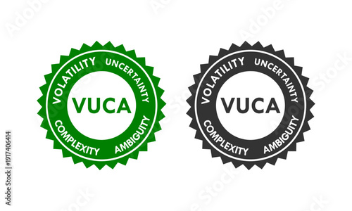 VUCA concept vector logo set featuring Volatility, Uncertainty, Complexity, and Ambiguity icons for business strategy, management, and leadership infographics.