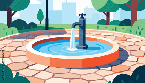 A simple illustration of a water fountain in a park with trees and buildings in the background