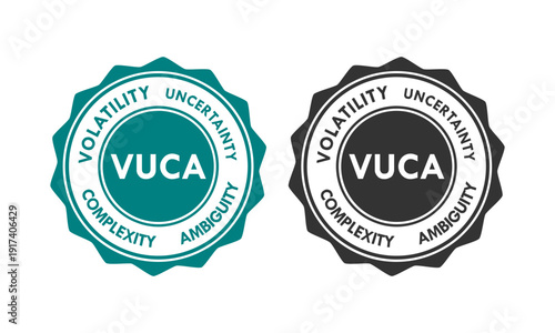 VUCA concept vector logo set featuring Volatility, Uncertainty, Complexity, and Ambiguity icons for business strategy, management, and leadership infographics.