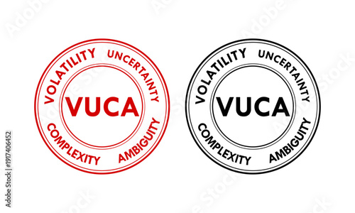 VUCA concept vector logo set featuring Volatility, Uncertainty, Complexity, and Ambiguity icons for business strategy, management, and leadership infographics.