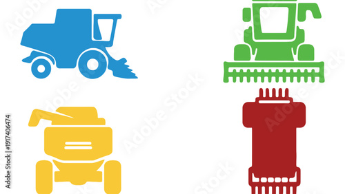 Colorful icons of agricultural machinery for harvest season and farming operations