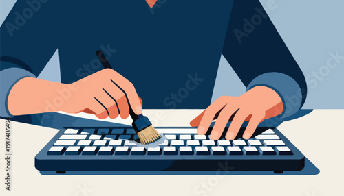 A hand gently brushes dust off a computer keyboard