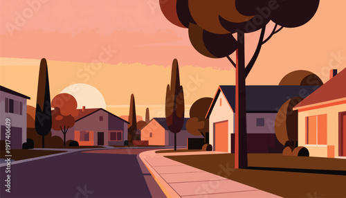 Minimalist suburban street at dusk with stylized houses and trees