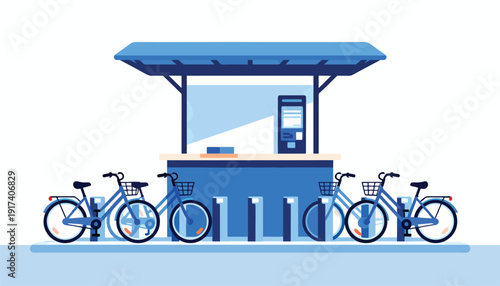 Blue bicycle rental station with multiple bikes and a kiosk