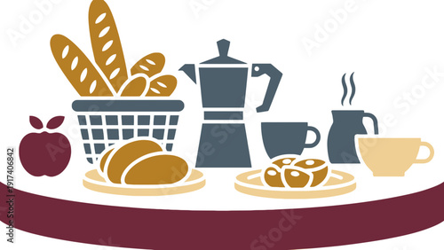 A delightful spread of fresh baked goods, coffee, and fruit for a perfect morning meal.