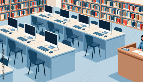 Computer lab with bookshelves and desks
