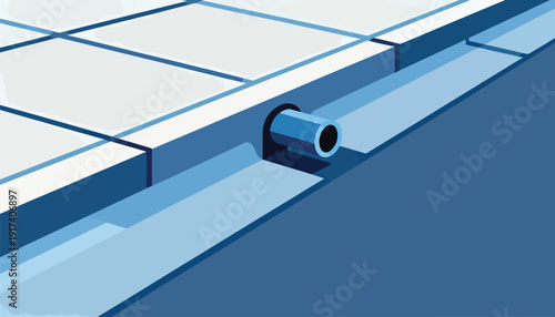 Geometric abstract depicting a tiled surface with a drain pipe and intersecting blue lines