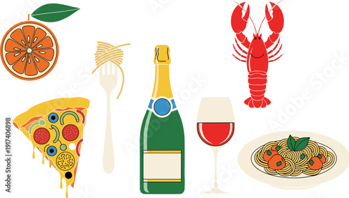 Italian Food and Drink Set with Pizza Pasta Wine Lobster and Orange in Flat Illustration Style