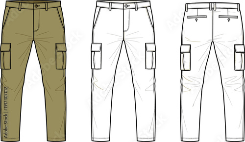 Men's Cargo Pants Technical Sketch, Flat Vector Mockup, Front and Back View Illustration