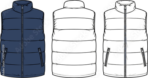 Men Puffer Vest Fashion Flat Sketch Technical Drawing Template in Front and Back View