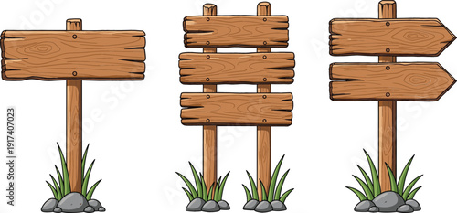 Set of rustic wooden signs and directional arrow planks with grass and stones, hand drawn vector illustration isolated on white background.