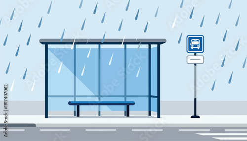A bus stop shelter offers refuge from the steady rain falling on the street