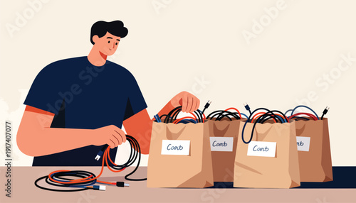 Person organizing cables into labeled bags for storage or disposal