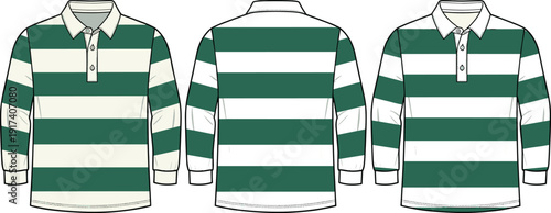 Men Striped Rugby Polo Shirt Vector Illustration, Long Sleeve Buttoned Technical Flat Sketch