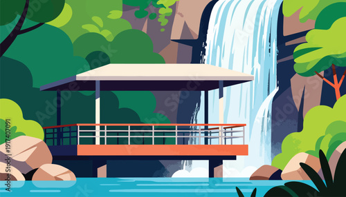 Elevated platform overlooks a majestic waterfall surrounded by lush green foliage