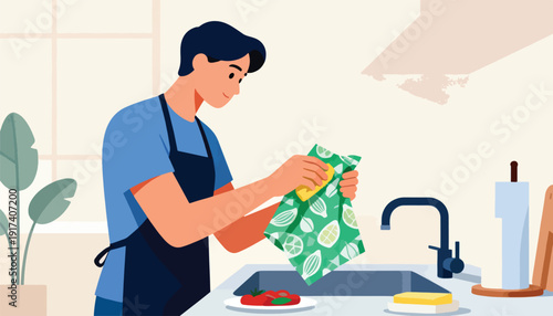 Man wearing apron washes dishes with a patterned towel in a bright kitchen