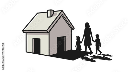 Silhouette of a woman and two children leaving a small house casting long shadows