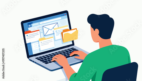 Person working on a laptop displaying email and folders